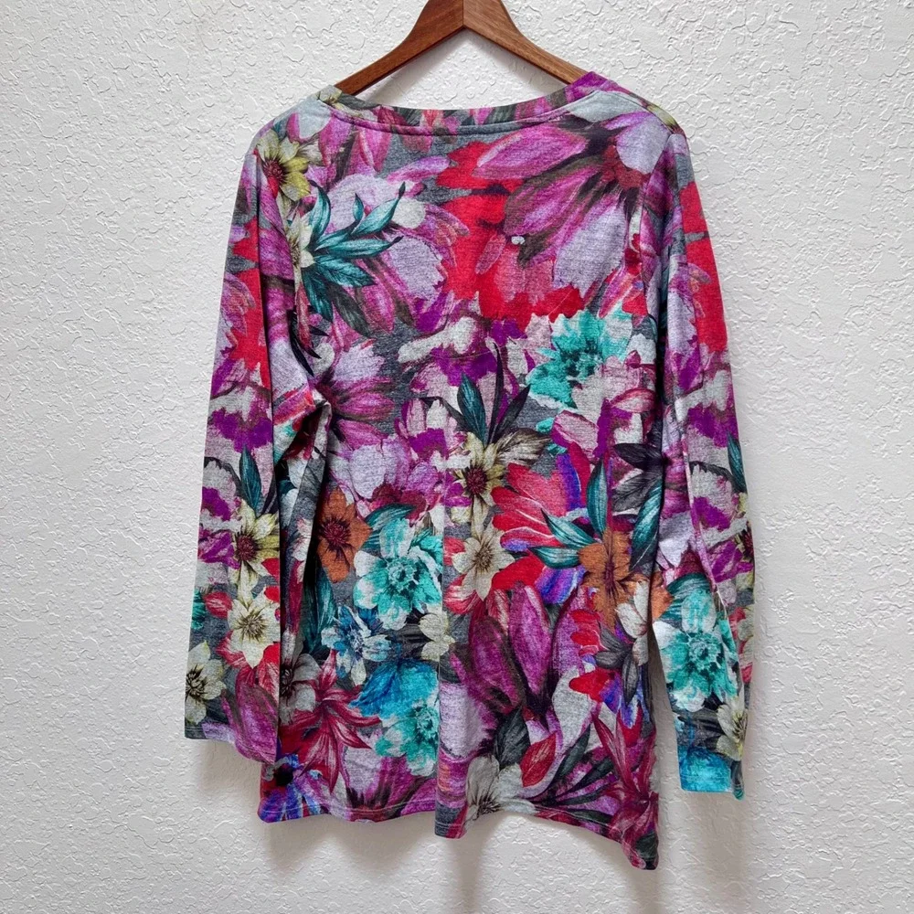Soft Surroundings Floral V-Neck Long Sleeve Knit Top Purple Magenta 1X - Picture 5 of 5